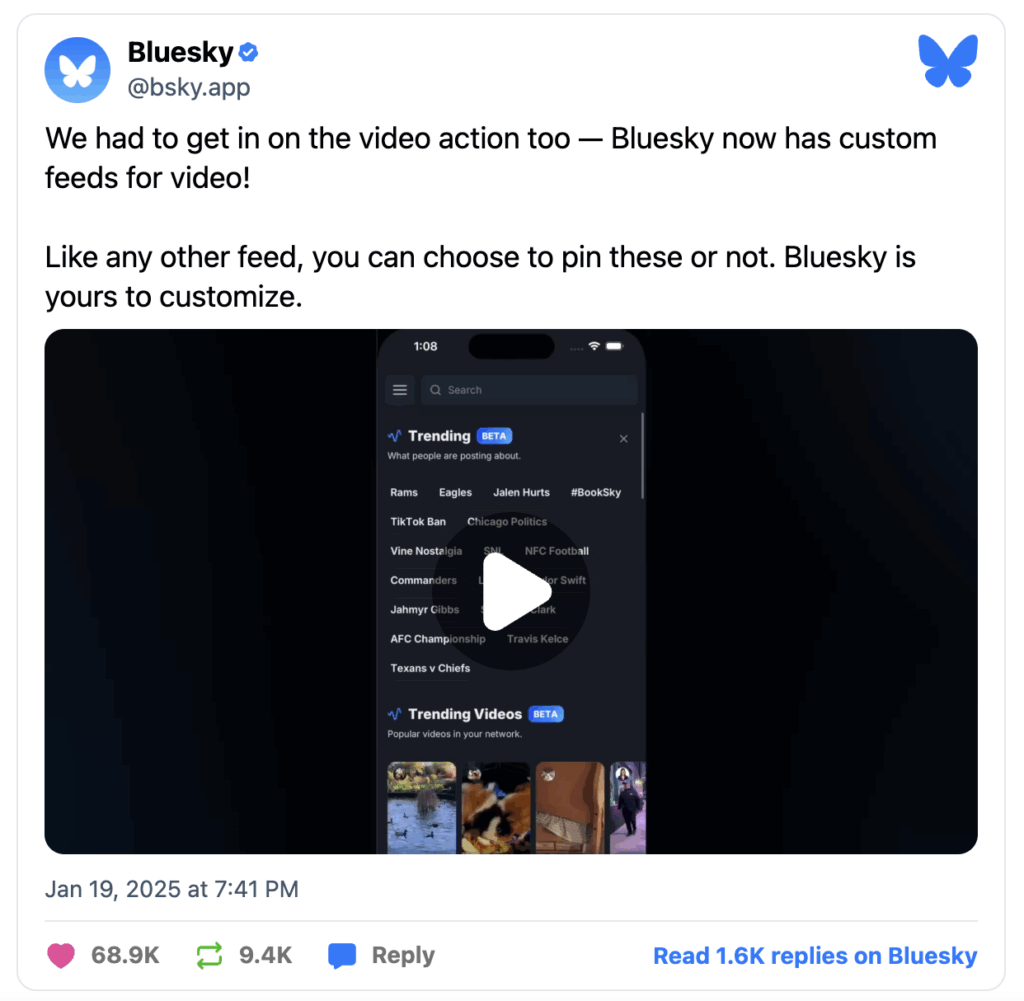 We had to get in on the video action too — Bluesky now has custom feeds for video!
