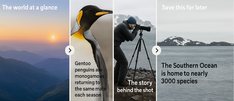 Example of an organic Instagram carousel post showing how brands like National Geographic use multi-image storytelling—landscape, close-up, and behind-the-scenes—to engage followers.