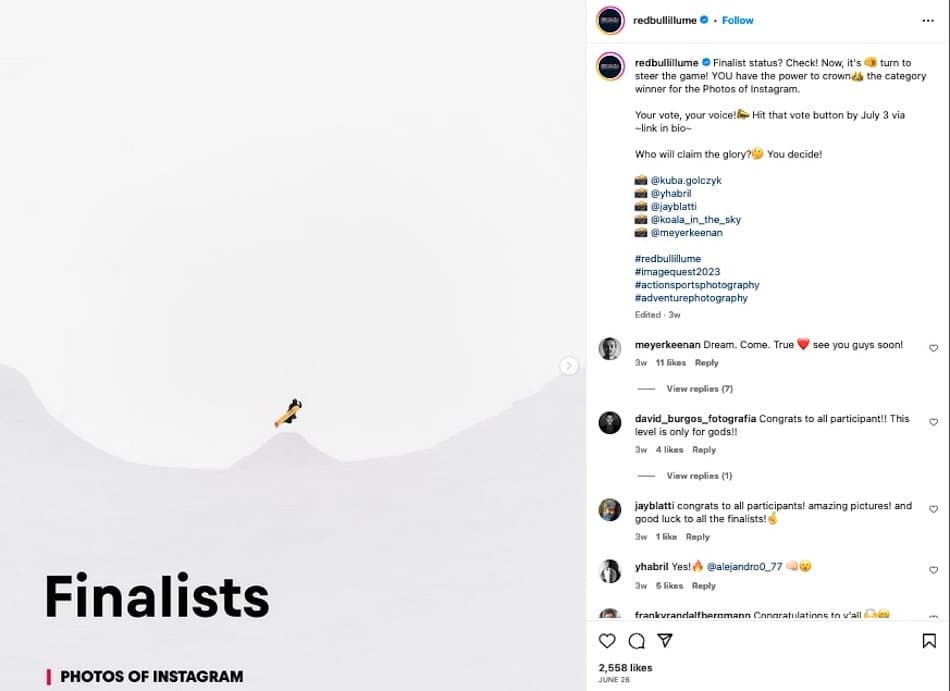 Red Bull posts a finalist snow board photo from its Red Bull Illume photo contest in Instagram, asking users to vote in the contest.
