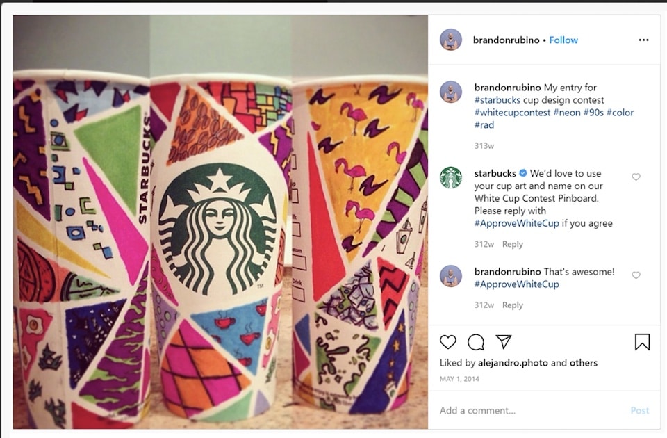 A user on Instagram displays their three multicolored entries into Starbucks white cup contest, in which customers draw on their white cups and show their designs.