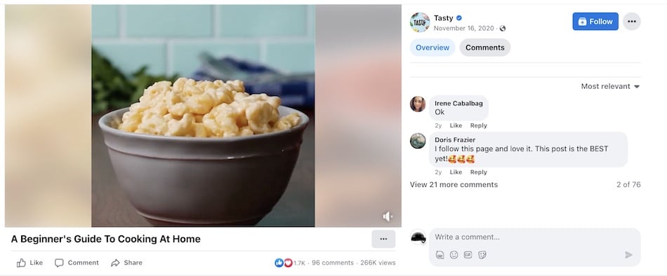 A still from an instagram video post shows a bowl of macaroni and cheese with a column of comments on the right
