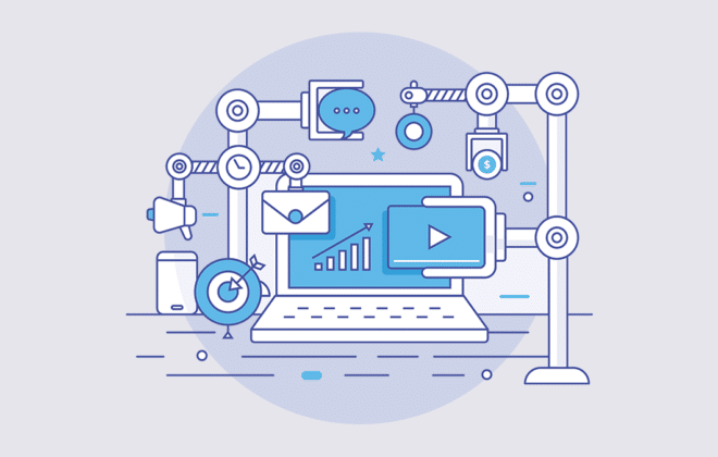 Illustrated mechanical representation shows automation working with a laptop to send emails, diagram growth, press play, send messages, hit targets and work together.