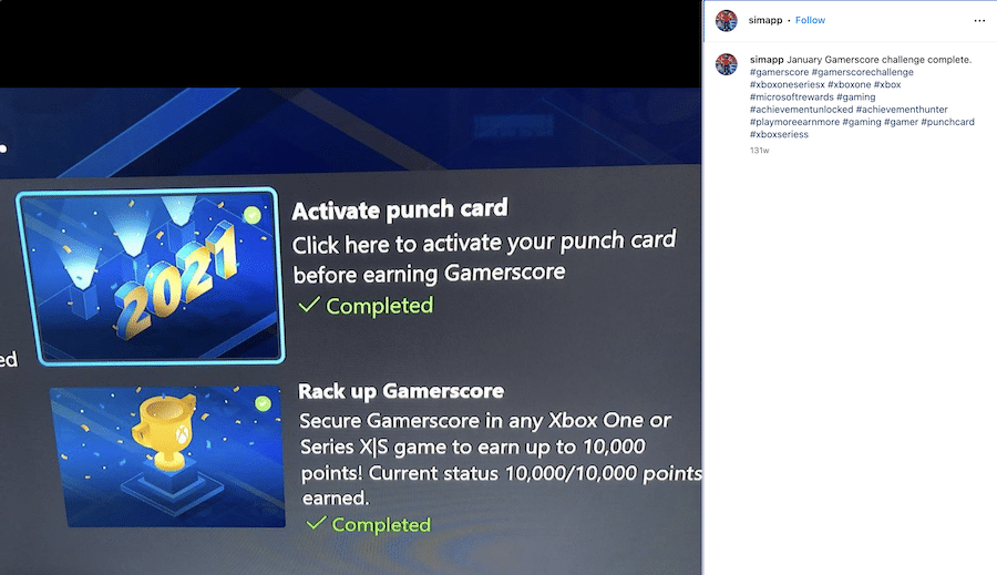 In an example of gamification, an Xbox Gameriscore player displays their completed Gamerscore in an Instagram post.