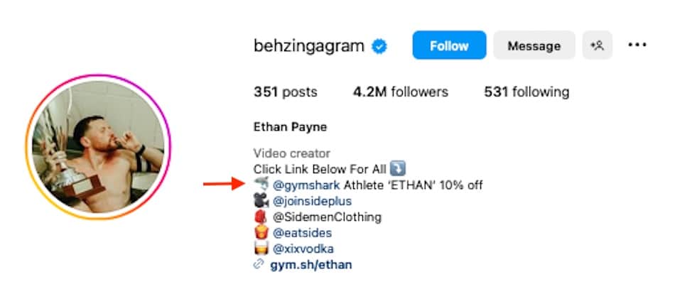 An instagram header for fitness trainer Ethan Payne includes a link to his sponsored shopping page on the Gymshark website.
