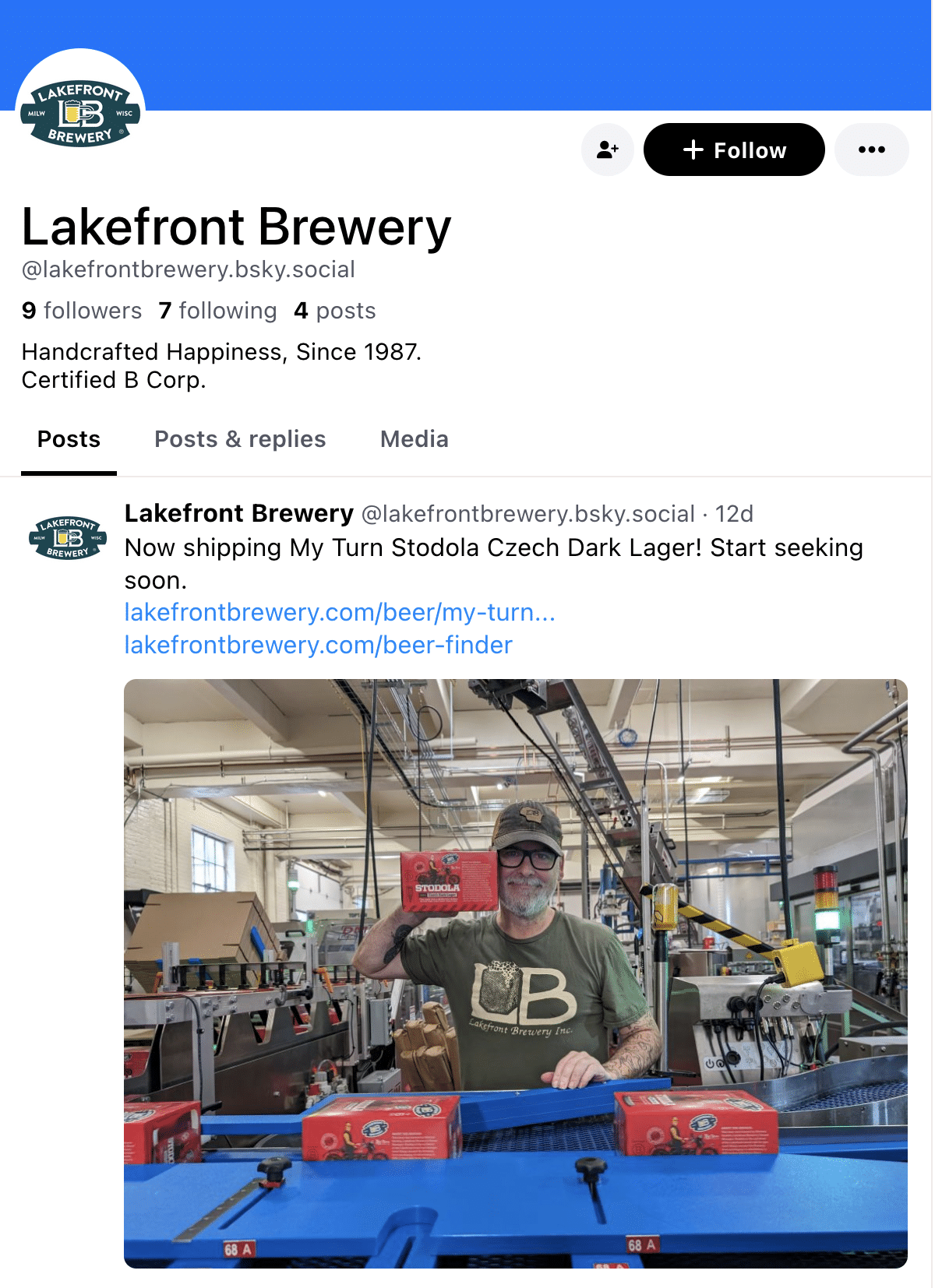 A post on Lakefront Brewery's Bluesky account promotes a new lager with a picture of a worker in the company's factory.