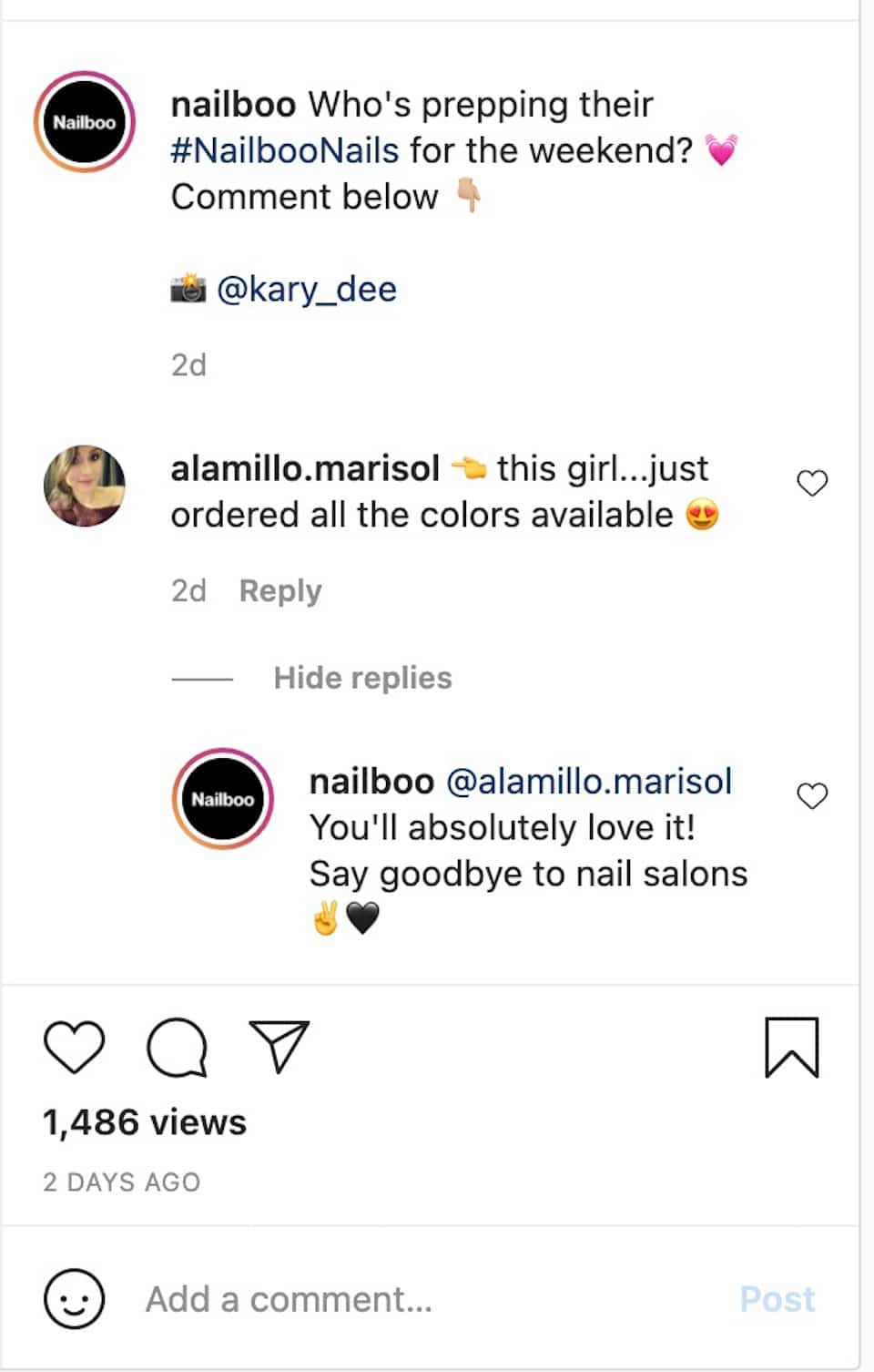 The nail product company Nailboo is represented interacting with a commenter on a post on its Instagram account.