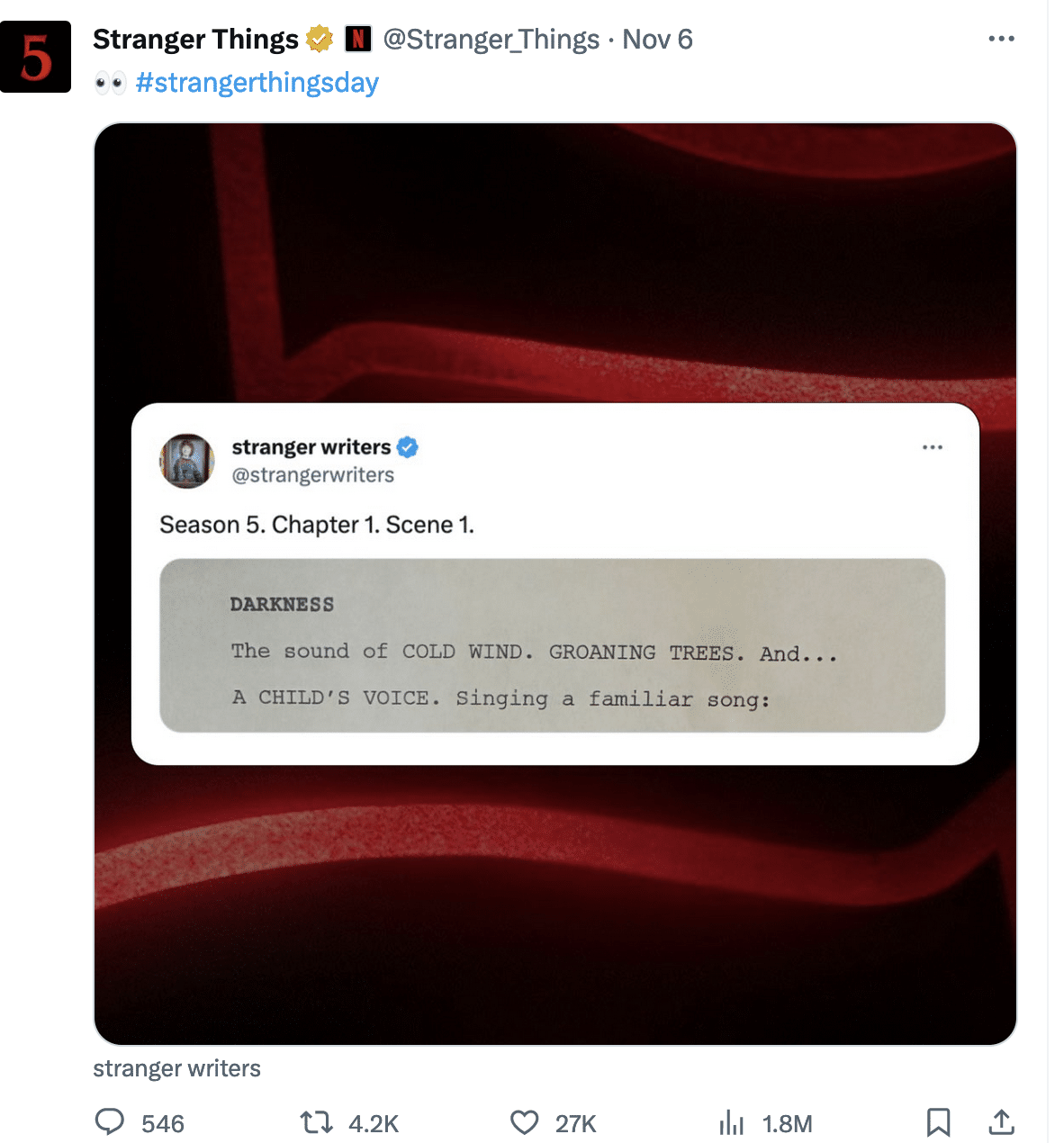 On the Stranger Things X account, Netflix posts the first lines of the script for the first episode of the series' pending fifth season.