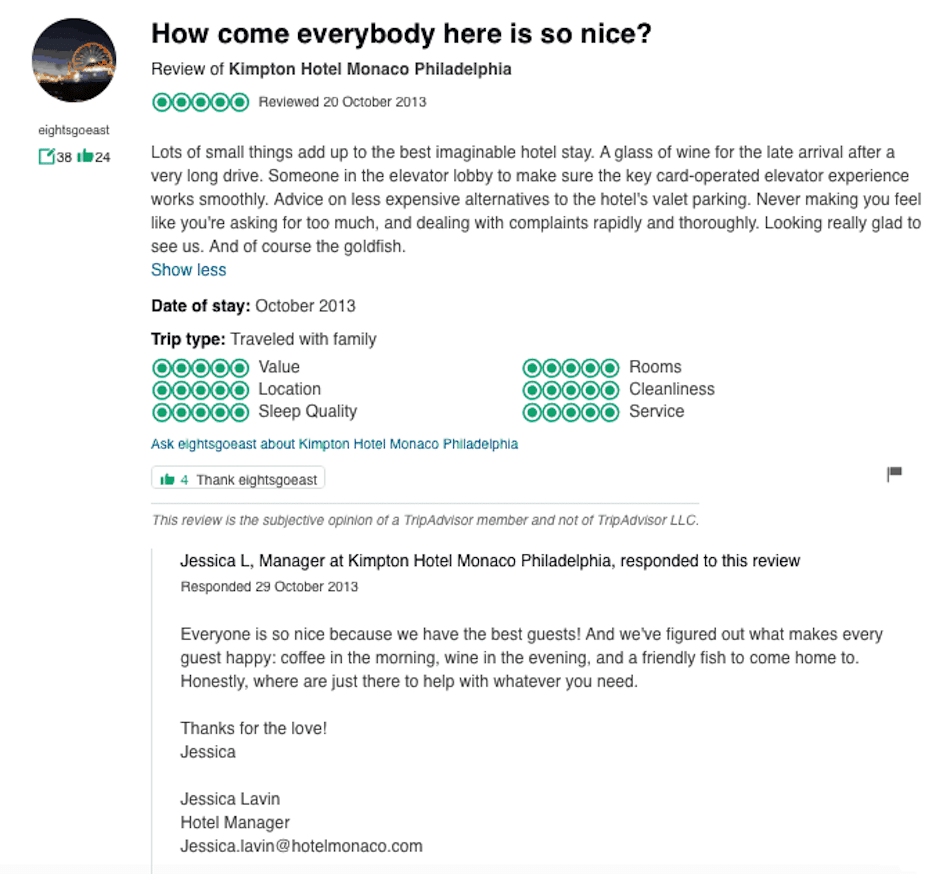 A 1 paragraph review on the Trip Advisor travel platform is headlined how come everybody here is so nice
