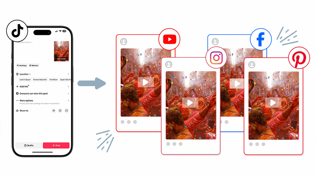 Auto post TikTok videos to 21 social networks.